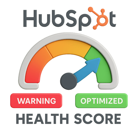 A "HubSpot Health Score" graphic, moving from a red/warning state to a green/optimized state.