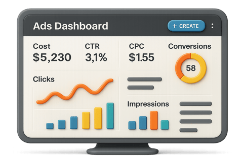 Ads dashboard showing performance metrics