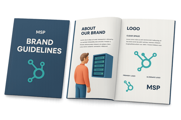 Brand guidelines PDF preview (cover + inside spread)