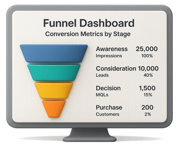 Funnel dashboard with conversion metrics by stage