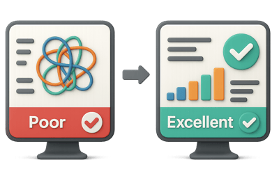 Graphic showing data quality improving from "Poor" to "Excellent" with checkmarks.