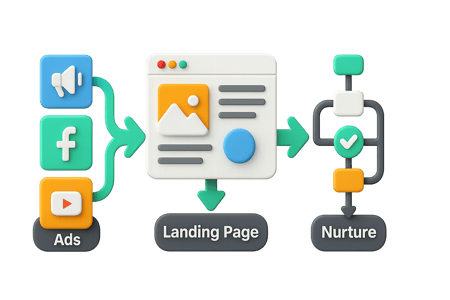 Multi-channel campaign workflow (ads → landing page → nurture)