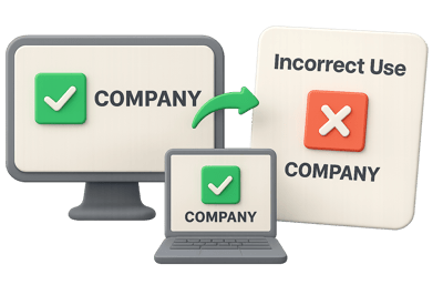 On-screen + print examples showing correct and incorrect logo usage