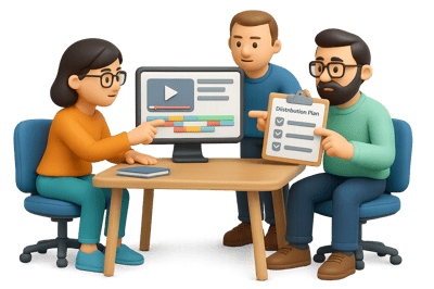 Team reviewing editing timeline and distribution plan